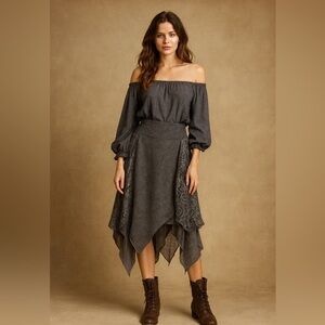 Lola Asymmetric Wool lace‎ belted Stretch waist skirt Gypsy Hippie Boho Witchy M